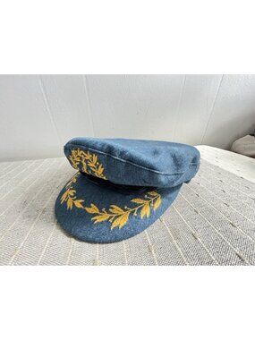 Vintage Greek Fisherman Cap Denim Nautical Captain Hat Embroidered Mens 54 6 3/4